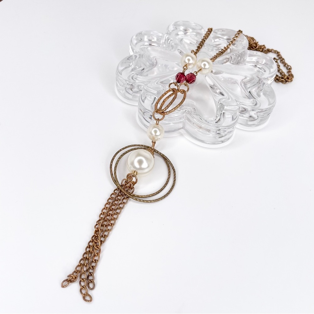 Cream & Red Beaded Gold Tone Long Necklace w/ Tassel